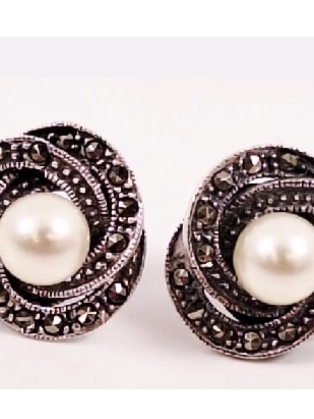 Charles Winston 925 Silver Marcasite &  Genuine Pearl Stud Earrings